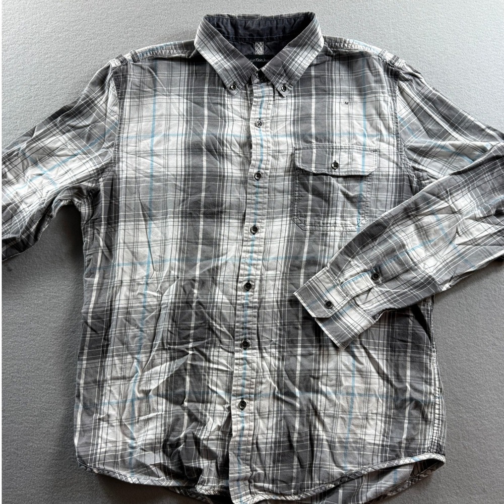 Calvin Klein Jeans Button Down Shirt Mens Large Gray Plaid Long Sleeve Cotton